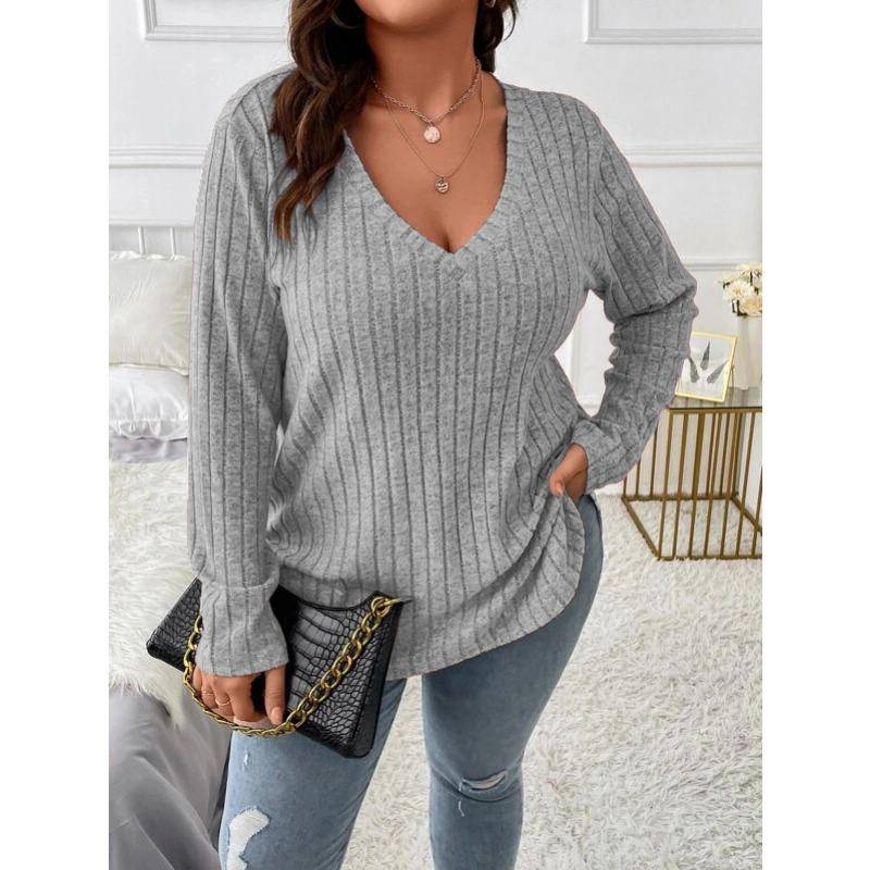 Herbst und Winter Damen Bluse Einfarbig Große Größen Damen Oberteile V-Ausschnitt Langarm Pit-Stripe Gefräst Locker 2XL licht grau von Joom DACH