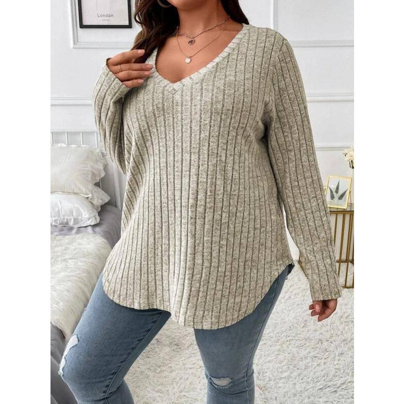 Herbst und Winter Damen Bluse Einfarbig Große Größen Damen Oberteile V-Ausschnitt Langarm Pit-Stripe Gefräst Locker 3XL apricot von Joom DACH