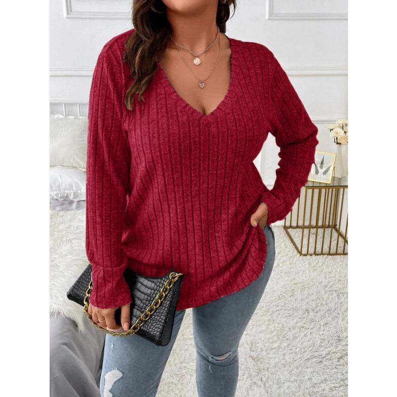 Herbst und Winter Damen Bluse Einfarbig Große Größen Damen Oberteile V-Ausschnitt Langarm Pit-Stripe Gefräst Locker 3XL bordeaux von Joom DACH