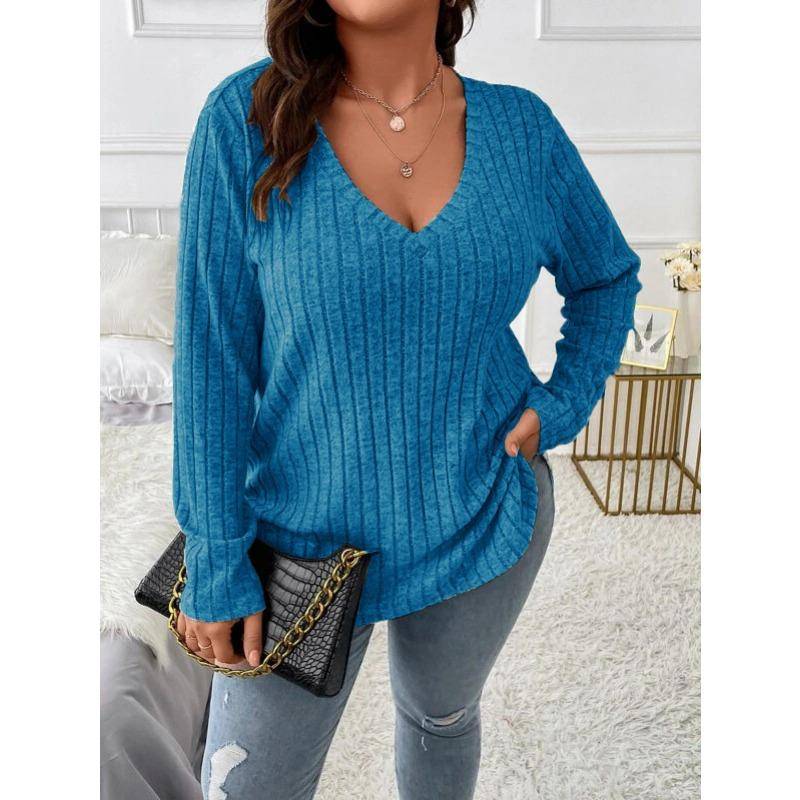 Herbst und Winter Damen Bluse Einfarbig Große Größen Damen Oberteile V-Ausschnitt Langarm Pit-Stripe Gefräst Locker 3XL himmelblaue von Joom DACH