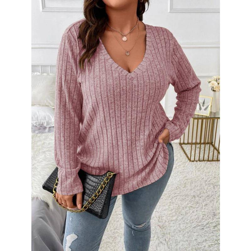 Herbst und Winter Damen Bluse Einfarbig Große Größen Damen Oberteile V-Ausschnitt Langarm Pit-Stripe Gefräst Locker 3XL von Joom DACH