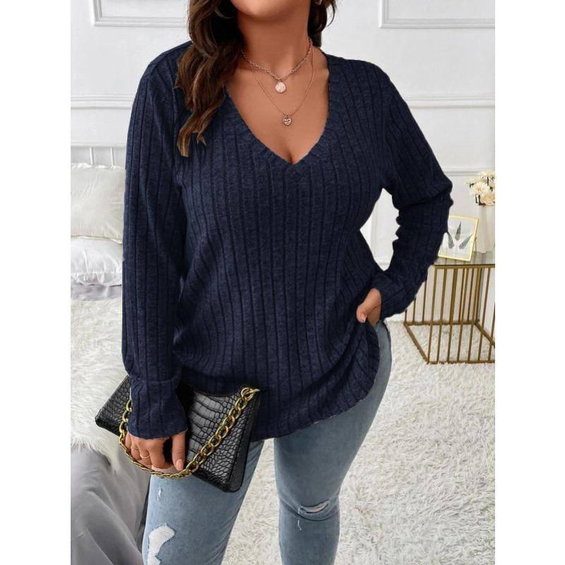Herbst und Winter Damen Bluse Einfarbig Große Größen Damen Oberteile V-Ausschnitt Langarm Pit-Stripe Gefräst Locker 5XL dunkelblaue von Joom DACH