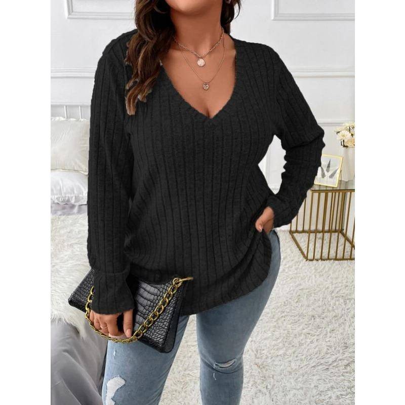 Herbst und Winter Damen Bluse Einfarbig Große Größen Damen Oberteile V-Ausschnitt Langarm Pit-Stripe Gefräst Locker 5XL schwarz von Joom DACH