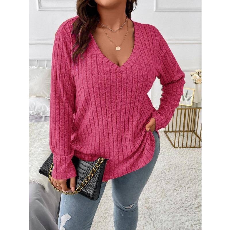Herbst und Winter Damen Bluse Einfarbig Große Größen Damen Oberteile V-Ausschnitt Langarm Pit-Stripe Gefräst Locker 5XL von Joom DACH