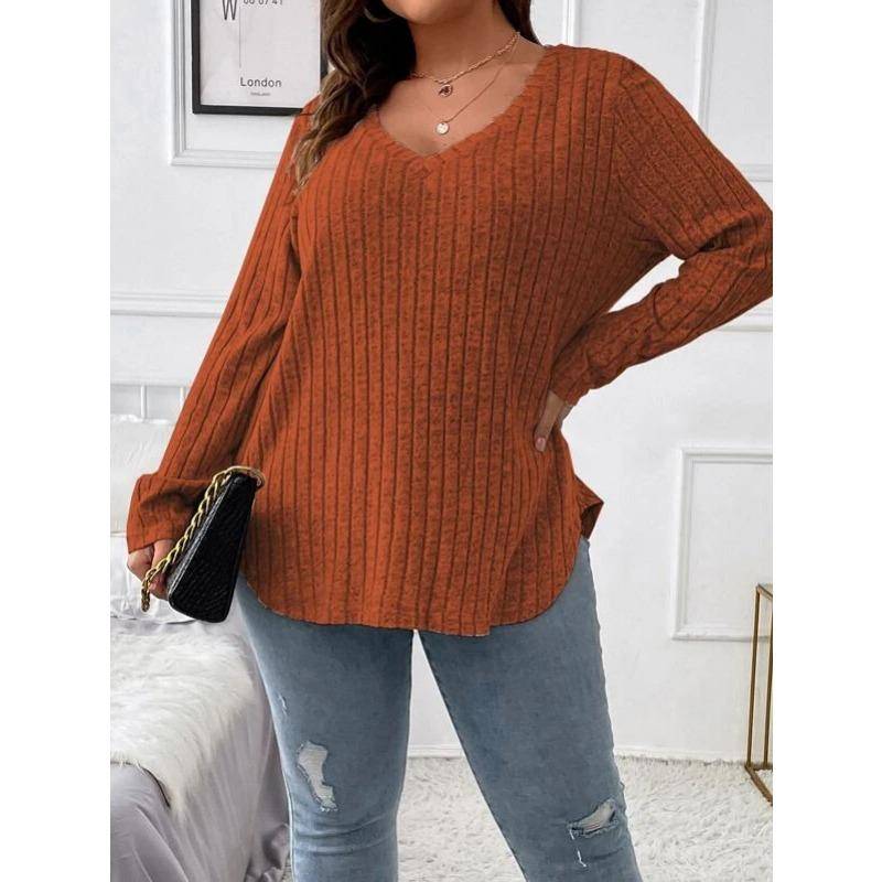 Herbst und Winter Damen Bluse Einfarbig Große Größen Damen Oberteile V-Ausschnitt Langarm Pit-Stripe Gefräst Locker XL von Joom DACH