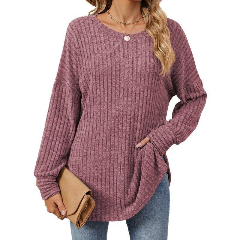 Herbst und Winter Damen Bluse Langarm Loose Rundhals Pit-Stripe Milled Tops S magenta von Joom DACH