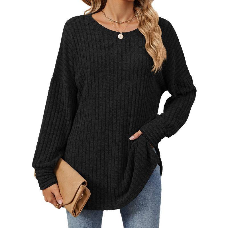 Herbst und Winter Damen Bluse Langarm Loose Rundhals Pit-Stripe Milled Tops S schwarz von Joom DACH