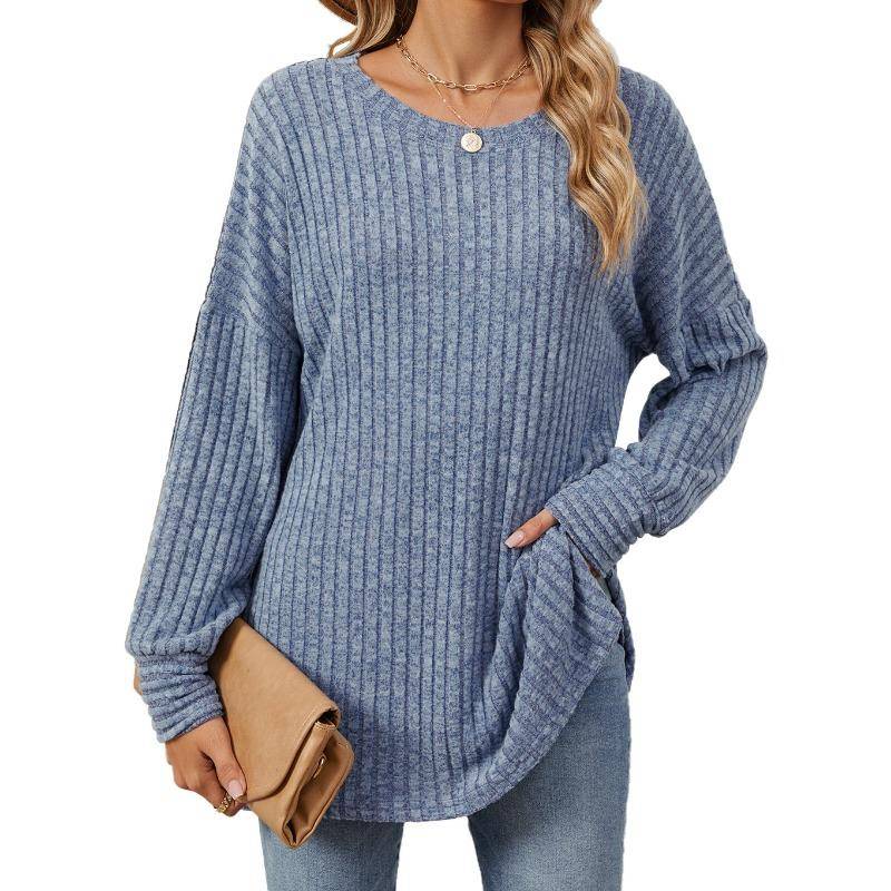 Herbst und Winter Damen Bluse Langarm Loose Rundhals Pit-Stripe Milled Tops XXL blau von Joom DACH