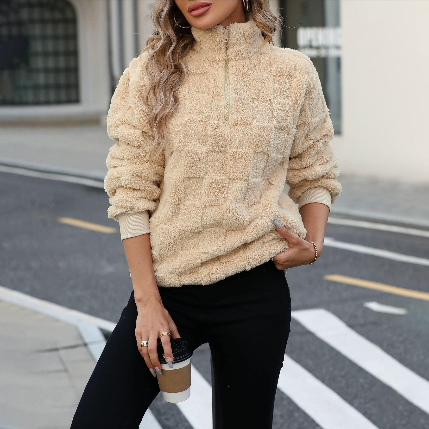 Herbst und Winter Damen Halbreißverschluss Stehkragen Kurz Locker Kariert Plüsch Pullover Jacke S apricot von Joom DACH