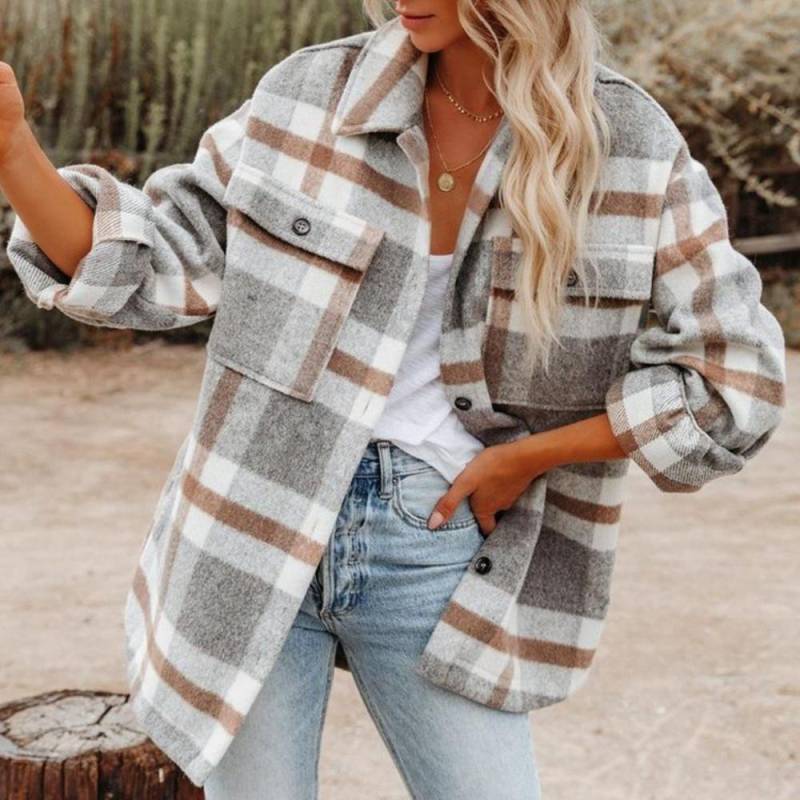 Herbst und Winter Damen Hemdjacke Plaid Button Flanell Tweed Hemdjacke Tops S licht grau von Joom DACH