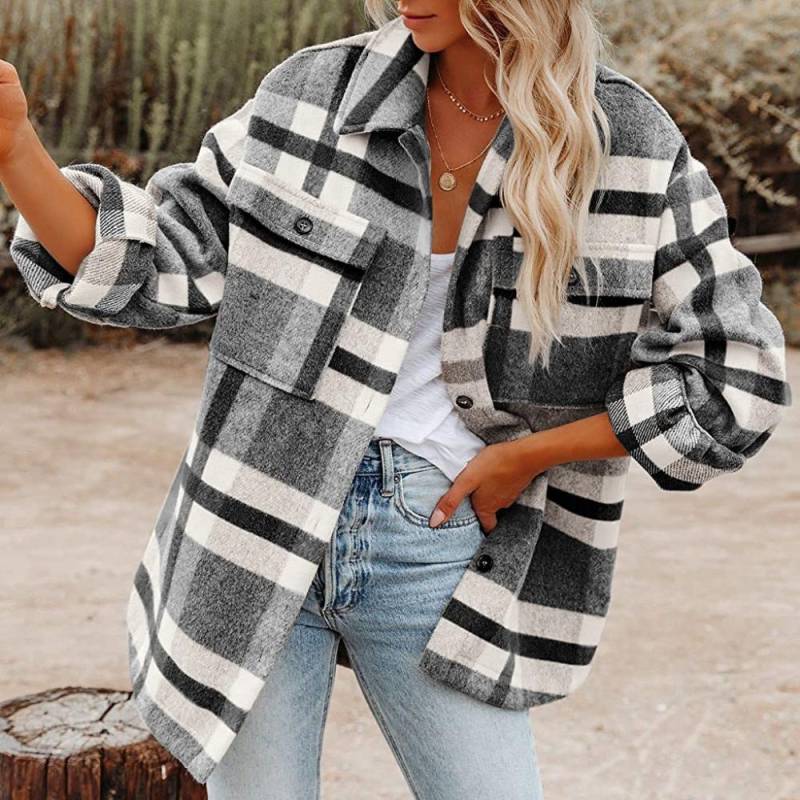 Herbst und Winter Damen Hemdjacke Plaid Button Flanell Tweed Hemdjacke Tops S von Joom DACH