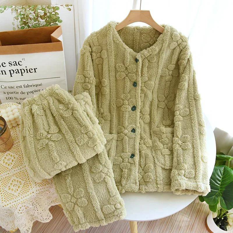 Herbst und Winter Damen Neuer Flanell-Pyjama Langarm-Hosenanzug Niedlicher Kaktus Wärme und Verdicktes Zweiteiliges Hauskleid L von Joom DACH