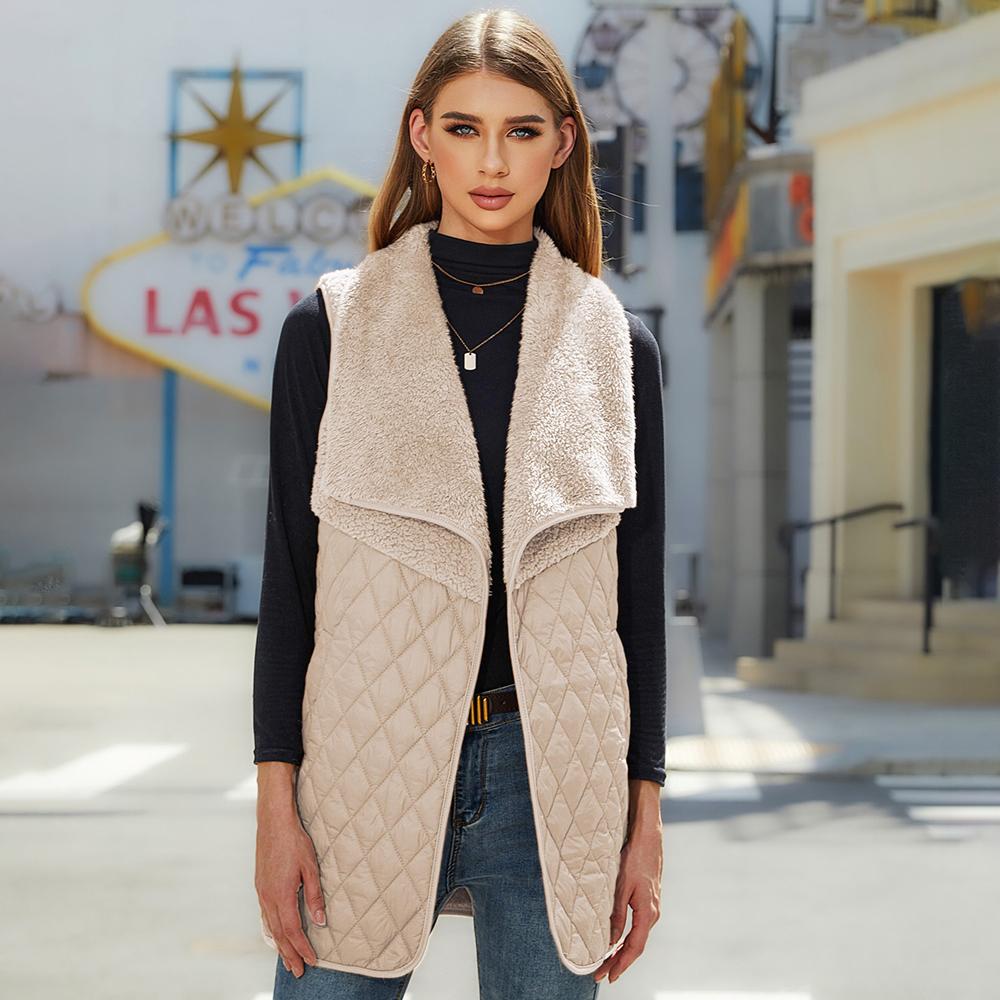 Herbst und Winter Damen Plüsch Splicing Cardigan Ärmellose Jacke Mittellange Weste 2XL apricot von Joom DACH