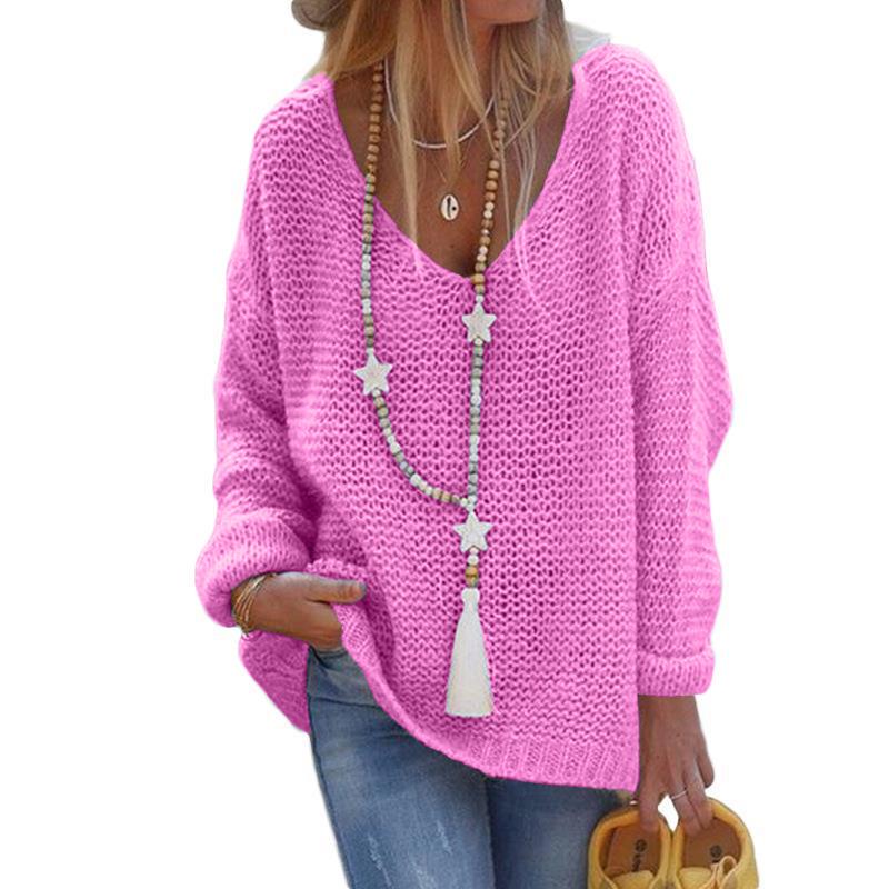 Herbst und Winter Damen Pullover Strickwaren V-Ausschnitt Langarm Strickoberteile Pullover L rosa von Joom DACH
