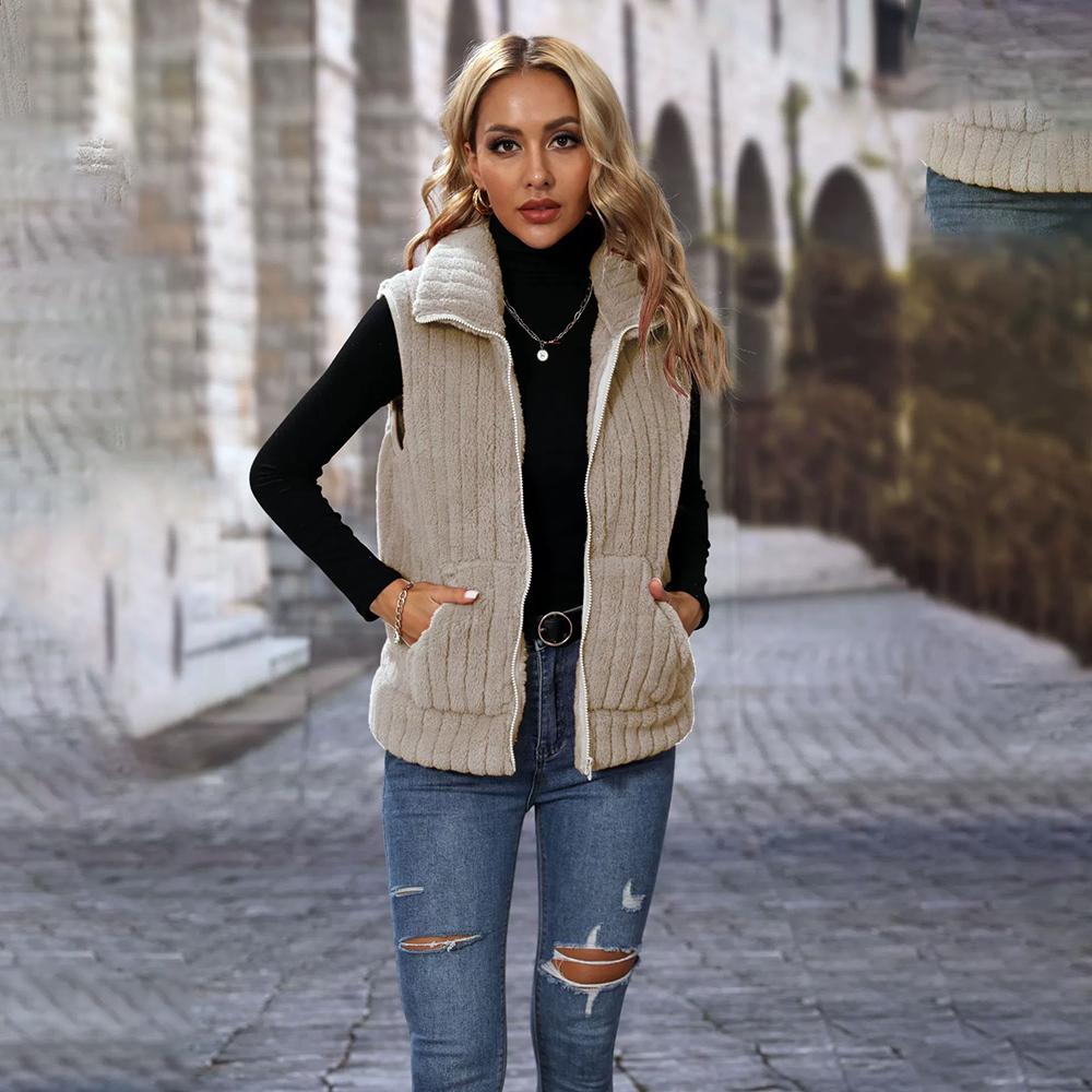 Herbst und Winter Damen Revers Ärmellos Locker Gestreift Reißverschluss Plüsch Kurz Lässige Weste Jacke XL apricot von Joom DACH