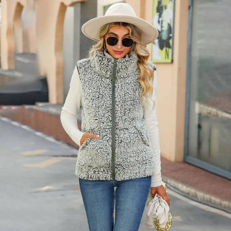 Herbst und Winter Damen Revers Ärmellos Locker Gestreift Reißverschluss Plüsch Kurz Lässige Weste Jacke XL armee grüne von Joom DACH