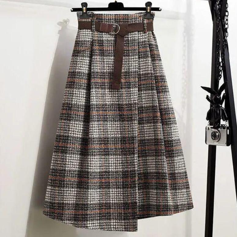 Herbst und Winter Damen Rock Hohe Taille A-Linie Rock Vintage Plaid Elastic Wais Woolen Plaid Rockt 4XL khaki von Joom DACH