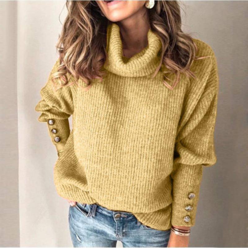 Herbst und Winter Damen Rollkragen Strickpullover Locker Lässig Einfarbig Büro Oberteile Übergröße Weiblich Knöpfe Damenbekleidung L gelb von Joom DACH