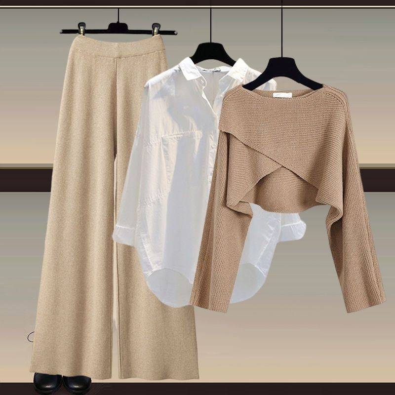 Herbst und Winter Damen Strickpullover Dreiteilige Hose Lockere Bluse Hemd Pullover und Hose mit weitem Bein und hoher Taille Vintage Lässiges dreiteiliges Set L kaffeebraun/khaki von Joom DACH