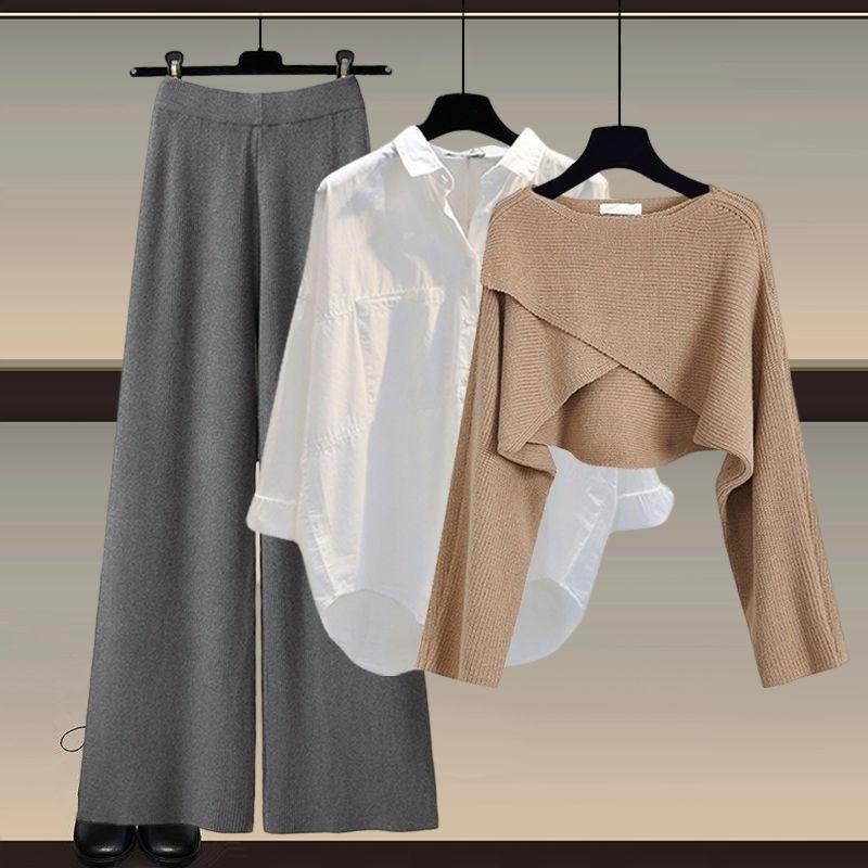 Herbst und Winter Damen Strickpullover Dreiteilige Hose Lockere Bluse Hemd Pullover und Hose mit weitem Bein und hoher Taille Vintage Lässiges dreiteiliges Set L von Joom DACH