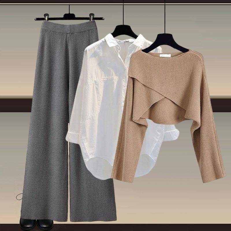 Herbst und Winter Damen Strickpullover Dreiteilige Hose Lockere Bluse Hemd Pullover und Hose mit weitem Bein und hoher Taille Vintage Lässiges dreiteiliges Set L kaffeebraun/grau von Joom DACH