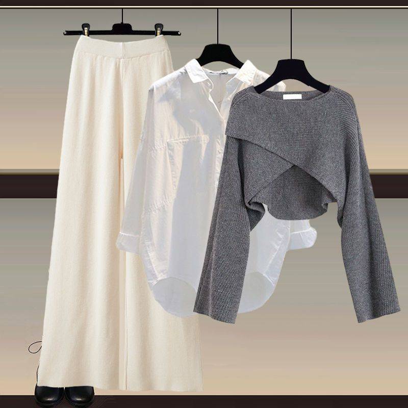 Herbst und Winter Damen Strickpullover Dreiteilige Hose Lockere Bluse Hemd Pullover und Hose mit weitem Bein und hoher Taille Vintage Lässiges dreiteiliges Set S apricot/grau von Joom DACH