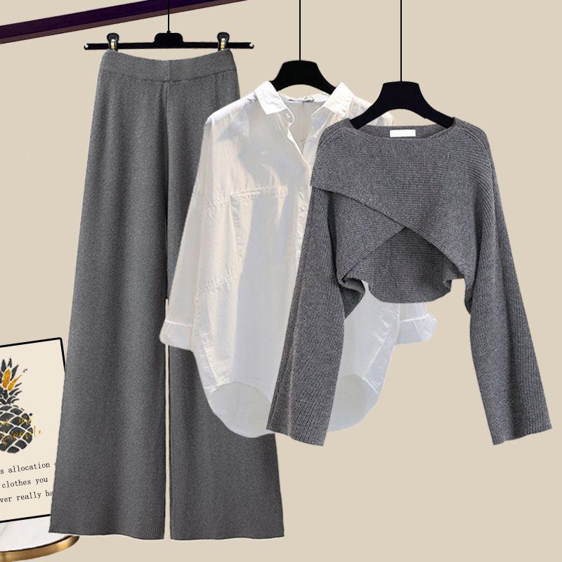 Herbst und Winter Damen Strickpullover Dreiteilige Hose Lockere Bluse Hemd Pullover und Hose mit weitem Bein und hoher Taille Vintage Lässiges dreiteiliges Set S von Joom DACH