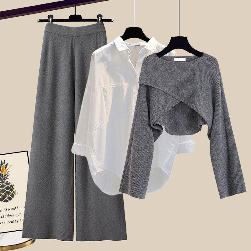 Herbst und Winter Damen Strickpullover Dreiteilige Hose Lockere Bluse Hemd Pullover und Hose mit weitem Bein und hoher Taille Vintage Lässiges dreiteiliges Set XXL grau von Joom DACH