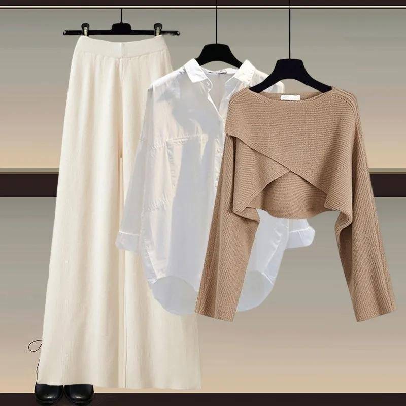 Herbst und Winter Damen Strickpullover Dreiteilige Hose Lockere Bluse Hemd Pullover und Hose mit weitem Bein und hoher Taille Vintage Lässiges dreiteiliges Set XXXL von Joom DACH