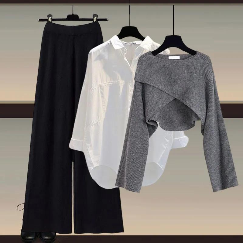 Herbst und Winter Damen Strickpullover Dreiteilige Hose Lockere Bluse Hemd Pullover und Hose mit weitem Bein und hoher Taille Vintage Lässiges dreiteiliges Set XXXL von Joom DACH