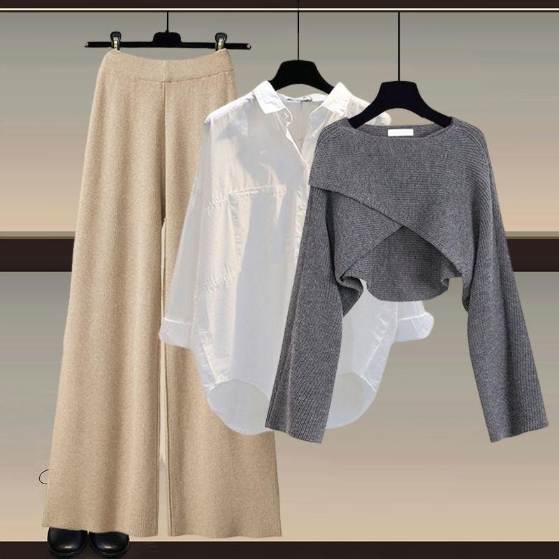 Herbst und Winter Damen Strickpullover Dreiteilige Hose Lockere Bluse Hemd Pullover und Hose mit weitem Bein und hoher Taille Vintage Lässiges dreiteiliges Set XXXL von Joom DACH