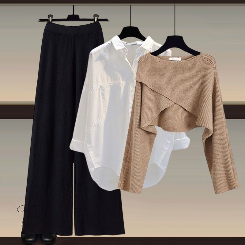 Herbst und Winter Damen Strickpullover Dreiteilige Hose Lockere Bluse Hemd Pullover und Hose mit weitem Bein und hoher Taille Vintage Lässiges dreiteiliges Set XXXL von Joom DACH