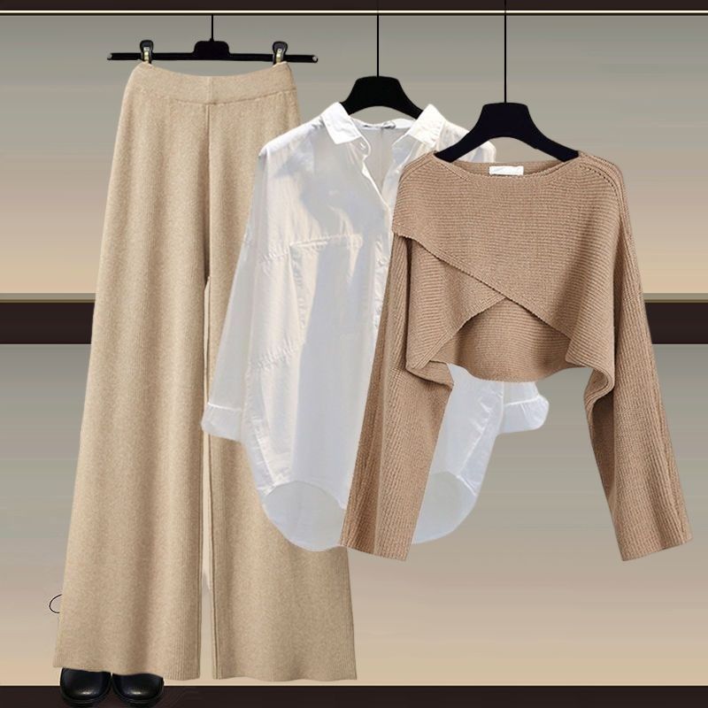 Herbst und Winter Damen Strickpullover Dreiteilige Hose Lockere Bluse Hemd Pullover und Hose mit weitem Bein und hoher Taille Vintage Lässiges dreiteiliges Set XXXL von Joom DACH