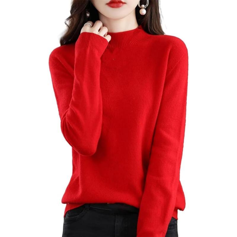 Herbst und Winter Damen Strickwaren halb Stehkragen unten Shirt Tops einfarbig Pullover reiner Wollpullover Pullover Pullover L dunkelrote von Joom DACH