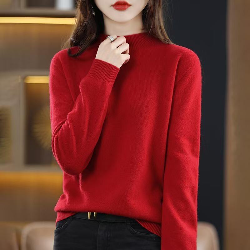 Herbst und Winter Damen Strickwaren halb Stehkragen unten Shirt Tops einfarbig Pullover reiner Wollpullover Pullover Pullover M Kirschrot von Joom DACH