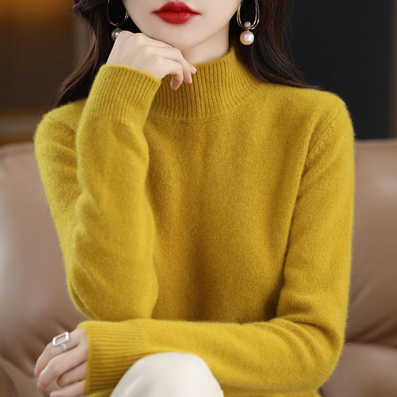 Herbst und Winter Damen Strickwaren halb Stehkragen unten Shirt Tops einfarbig Pullover reiner Wollpullover Pullover Pullover M gelb von Joom DACH