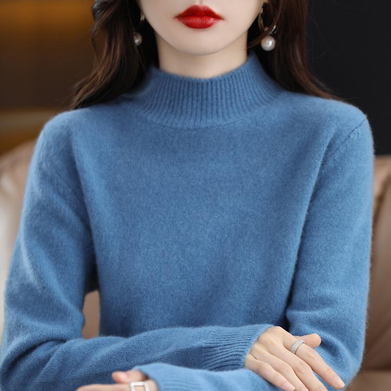 Herbst und Winter Damen Strickwaren halb Stehkragen unten Shirt Tops einfarbig Pullover reiner Wollpullover Pullover Pullover XXL blau von Joom DACH