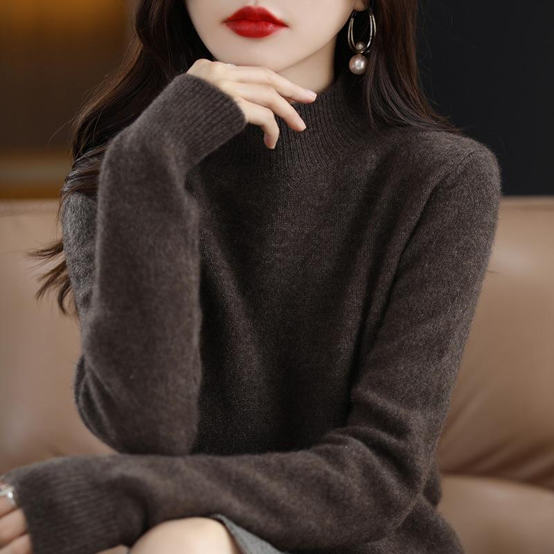 Herbst und Winter Damen Strickwaren halb Stehkragen unten Shirt Tops einfarbig Pullover reiner Wollpullover Pullover Pullover XXL braun von Joom DACH