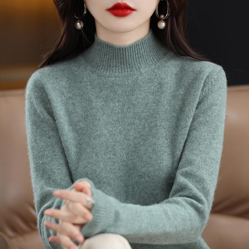 Herbst und Winter Damen Strickwaren halb Stehkragen unten Shirt Tops einfarbig Pullover reiner Wollpullover Pullover Pullover XXL hellgrüne von Joom DACH