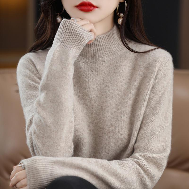 Herbst und Winter Damen Strickwaren halb Stehkragen unten Shirt Tops einfarbig Pullover reiner Wollpullover Pullover Pullover XXL kamelfarben/apricot von Joom DACH