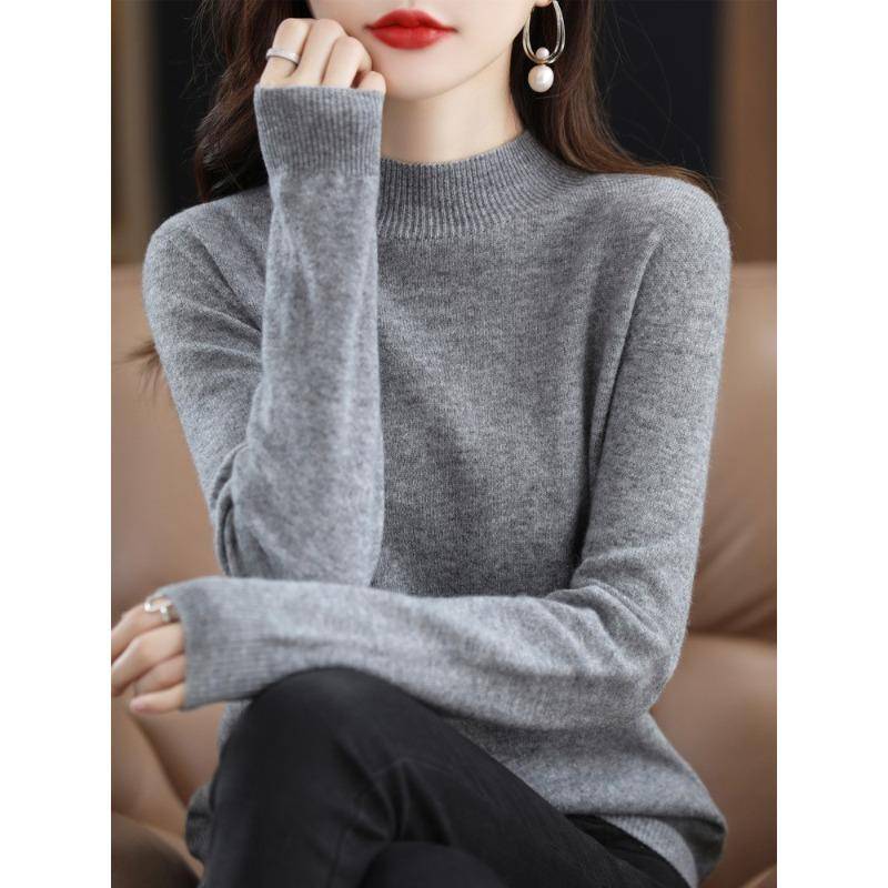 Herbst und Winter Damen Strickwaren halb Stehkragen unten Shirt Tops einfarbig Pullover reiner Wollpullover Pullover Pullover XXL licht grau von Joom DACH
