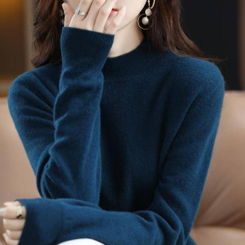 Herbst und Winter Damen Strickwaren halb Stehkragen unten Shirt Tops einfarbig Pullover reiner Wollpullover Pullover Pullover XXL meer-blaue von Joom DACH