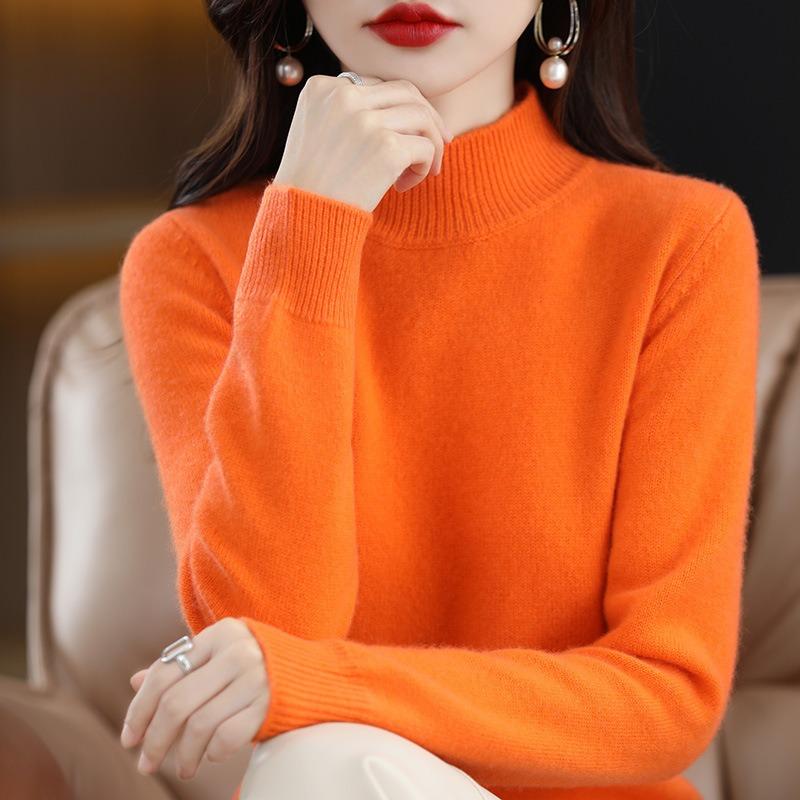 Herbst und Winter Damen Strickwaren halb Stehkragen unten Shirt Tops einfarbig Pullover reiner Wollpullover Pullover Pullover XXL orange von Joom DACH