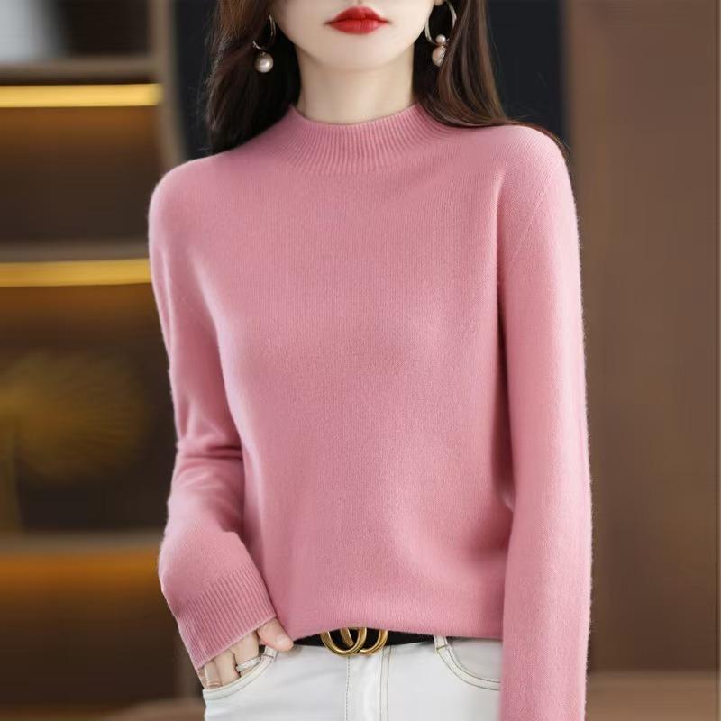 Herbst und Winter Damen Strickwaren halb Stehkragen unten Shirt Tops einfarbig Pullover reiner Wollpullover Pullover Pullover XXL rosa von Joom DACH
