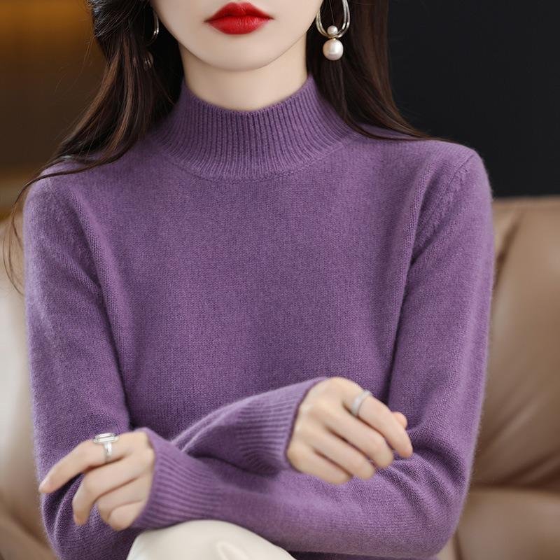 Herbst und Winter Damen Strickwaren halb Stehkragen unten Shirt Tops einfarbig Pullover reiner Wollpullover Pullover Pullover XXL violett von Joom DACH
