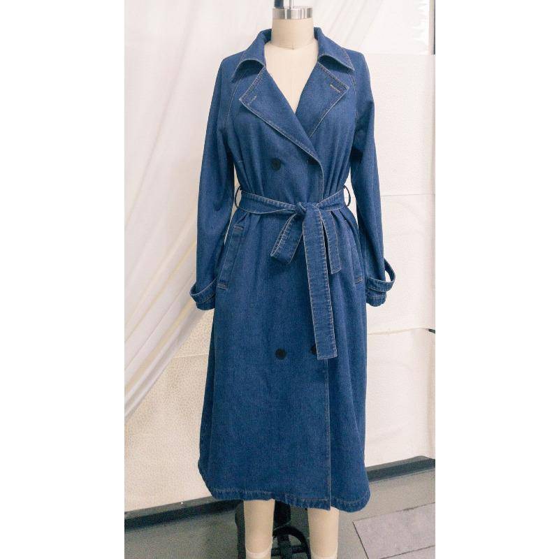 Herbst und Winter Damen Trenchcoat Denim Baumwolle Volltonfarbe Doppeltasche Lange Schnalle Lose Jacke XXL von Joom DACH