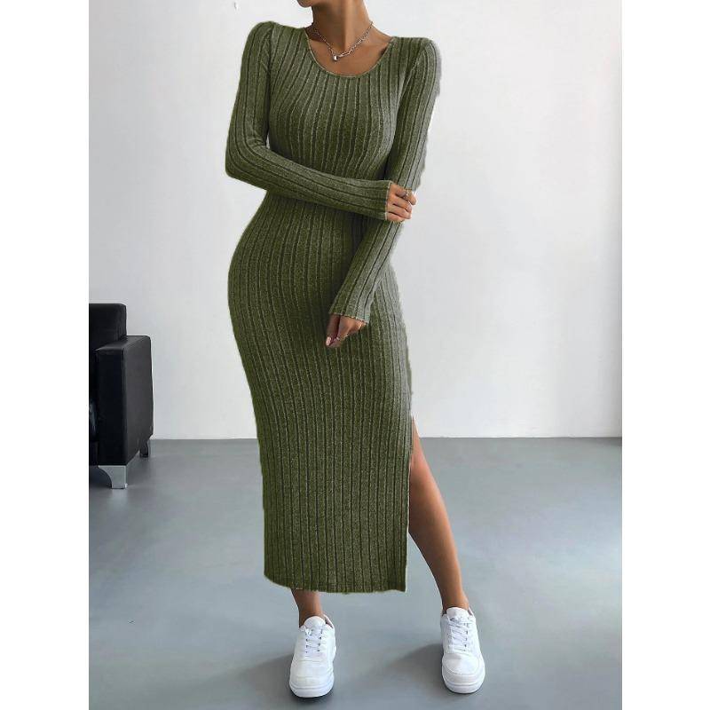 Herbst und Winter Damen Übergröße Langarm Rundhals Schlitz Strick Langes Kleid 5XL armee grüne von Joom DACH