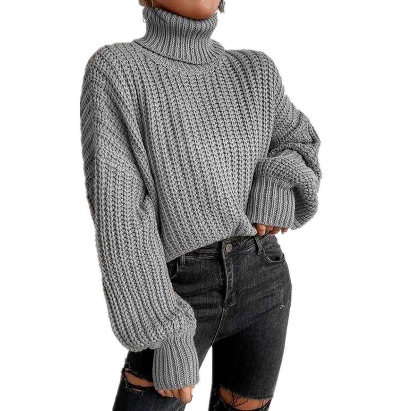 Herbst und Winter Damen Übergröße Mode Überknie Langarm Strickpullover Stehkragen XXL graue von Joom DACH
