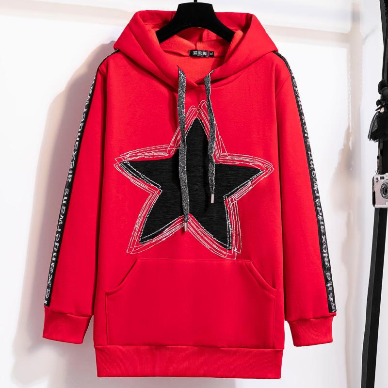 Herbst und Winter Damen Übergröße Sweatshirt Hoodie Jacke mit Rauten-Pentagramm-Muster Locker gepolsterter, verdickter Langarmpullover 5XL rot von Joom DACH