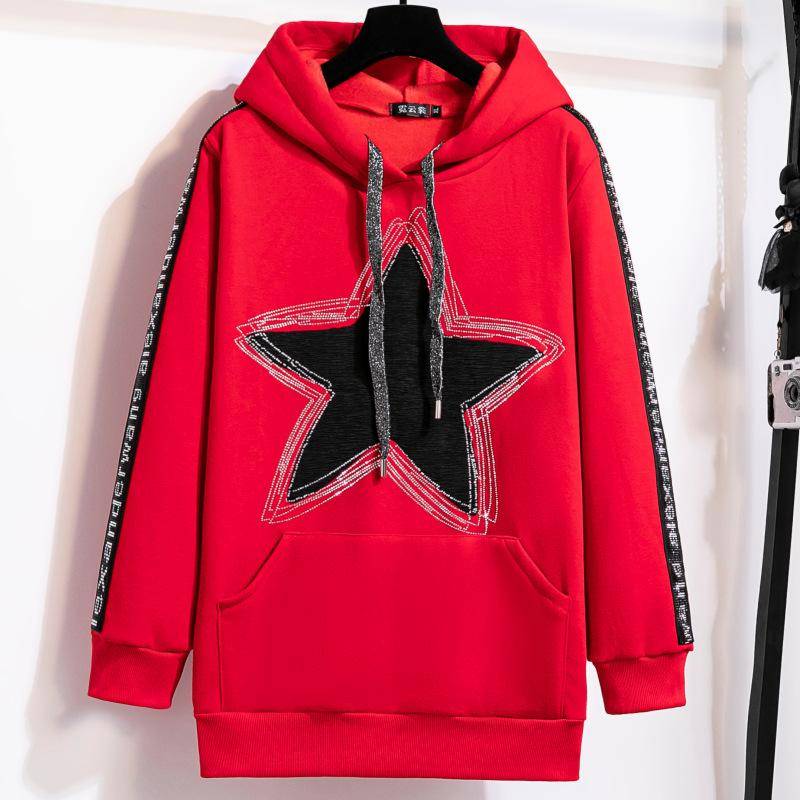 Herbst und Winter Damen Übergröße Sweatshirt Hoodie Jacke mit Rauten-Pentagramm-Muster Locker gepolsterter, verdickter Langarmpullover 5XL rot von Joom DACH